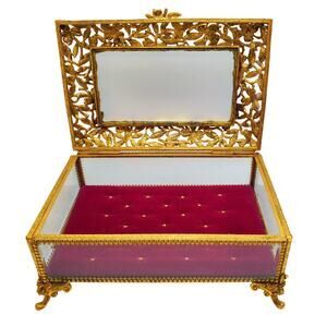 Matson Ormolu Jewelry Casket Box Dresser Vanity Case Gilt Metal Footed Burgundy
